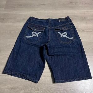 Y2K Rocawear Embroidered R Flap Pocket Dark Wash Baggy Denim Jean Shorts Jorts
